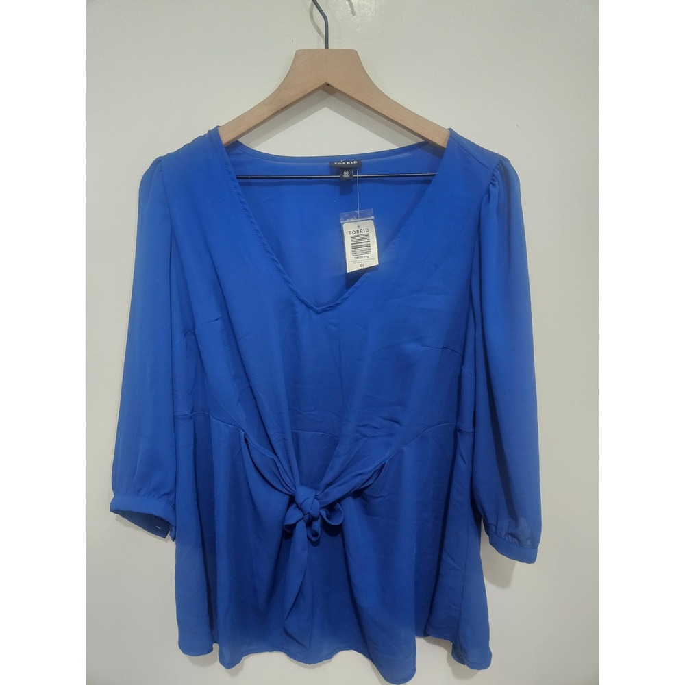 Torrid 00 NWT Cobalt Blue Georgette Tie Front Peplum Blouse 3/4 Sleeve